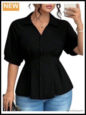 Plus Size Peplum Blouse Button Down Puff Sleeve Work Top